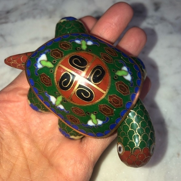 VTG Chinese Cloisonne Enamel Feng Shui Turtle Tortoise Trinket Box 4” x 2.5” - Picture 7 of 9